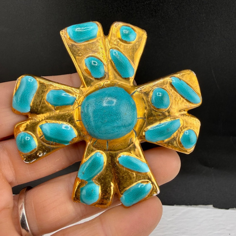 Vintage Baron Jamaica Maltese Cross Brooch Blue Gold Tone Ceramic Chunky Large